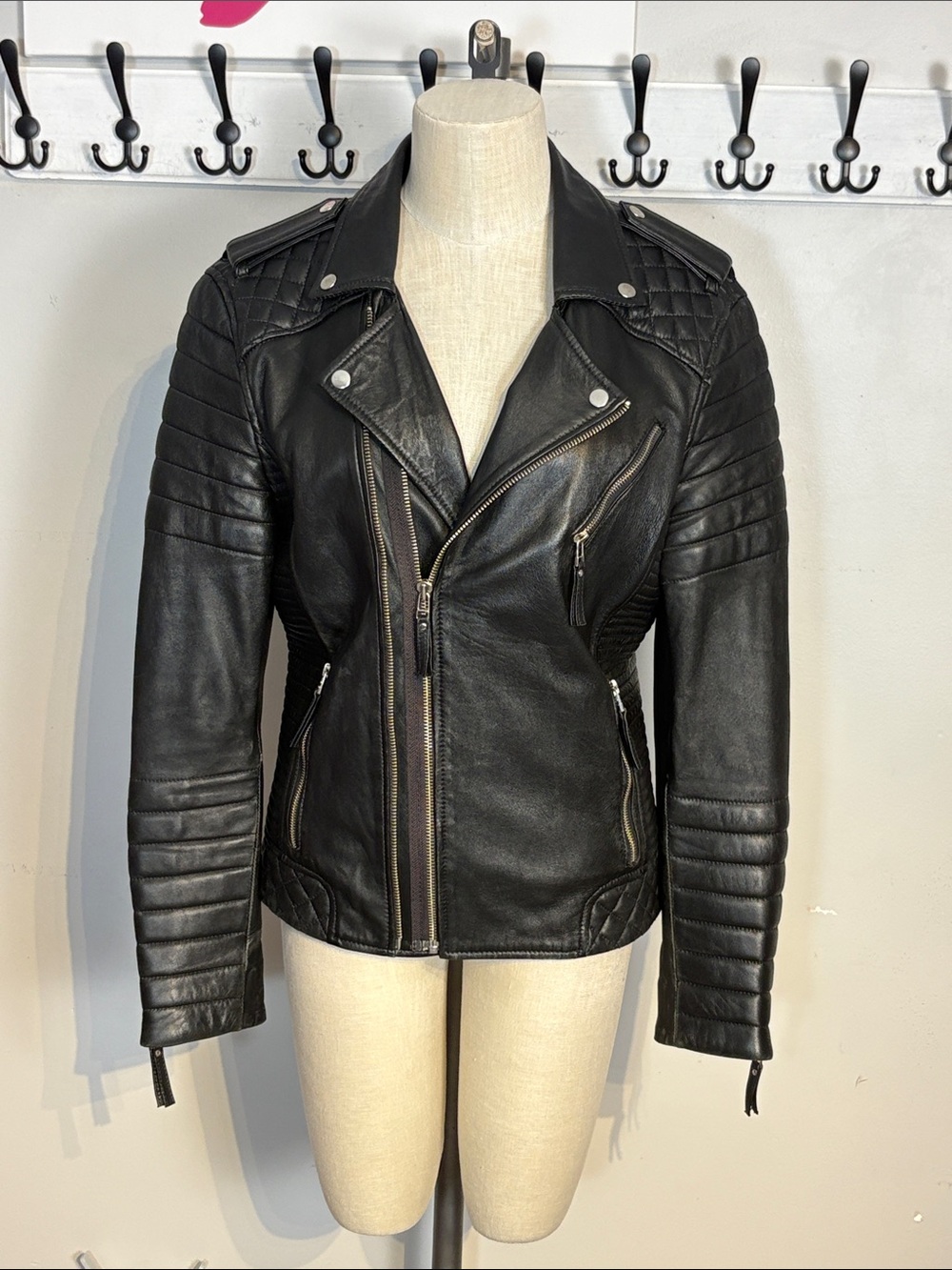 Black Quilted Moto Leather Jacket Men's Small